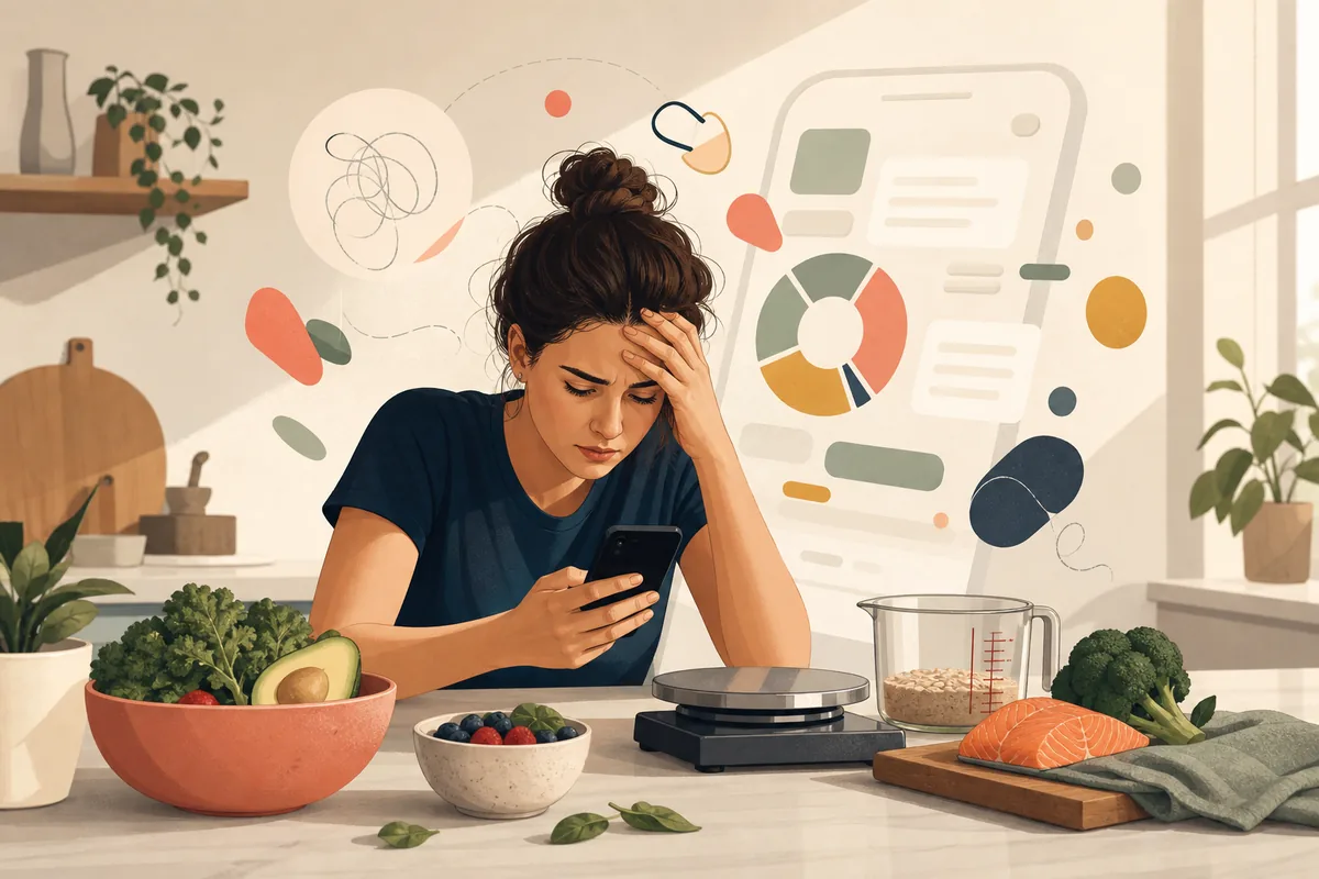 A woman sits at a kitchen counter looking frustrated at a calorie tracking app on her phone, surrounded by vegetables, a food scale and salmon.