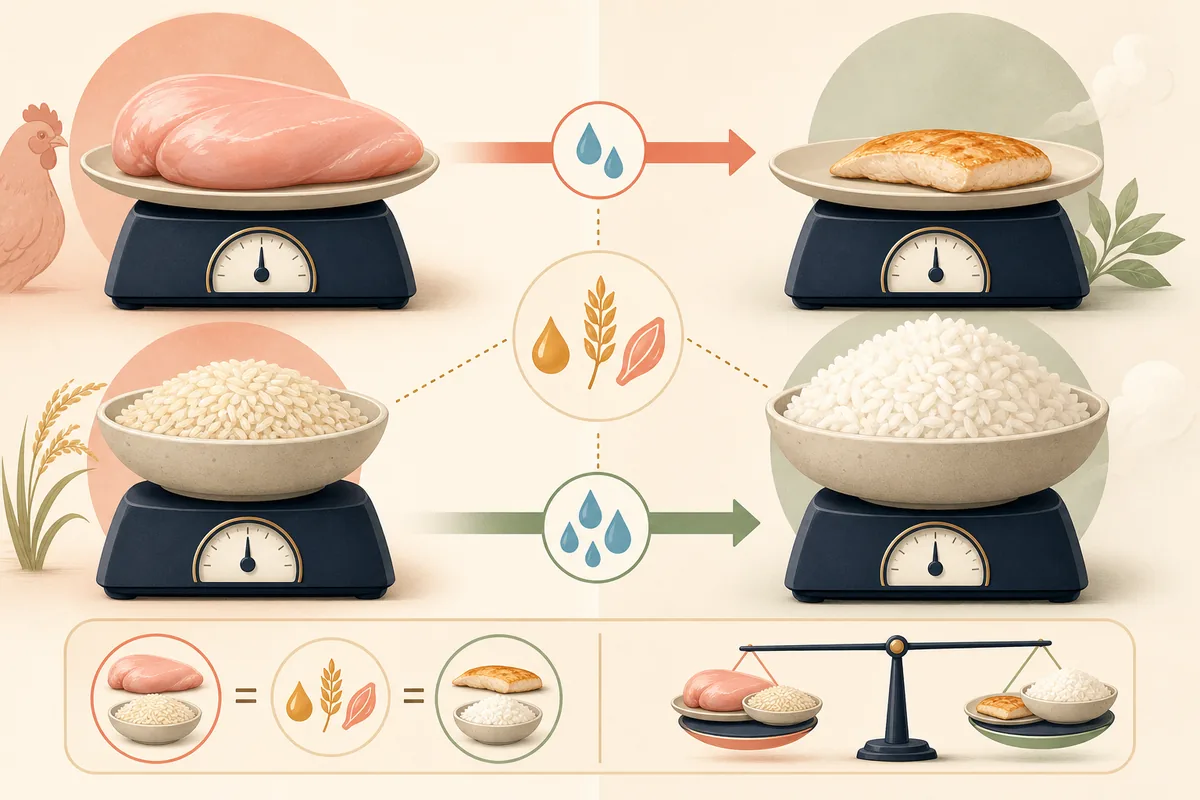 Kitchen scales comparing raw versus cooked food: chicken breast shrinks after cooking while rice swells, though the calories stay the same.