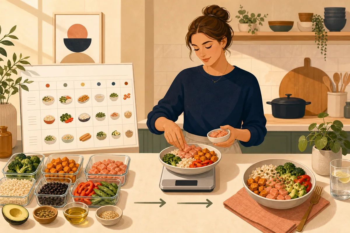 A woman calmly assembling a portioned meal from prepped containers, following a structured weekly plan on the wall.