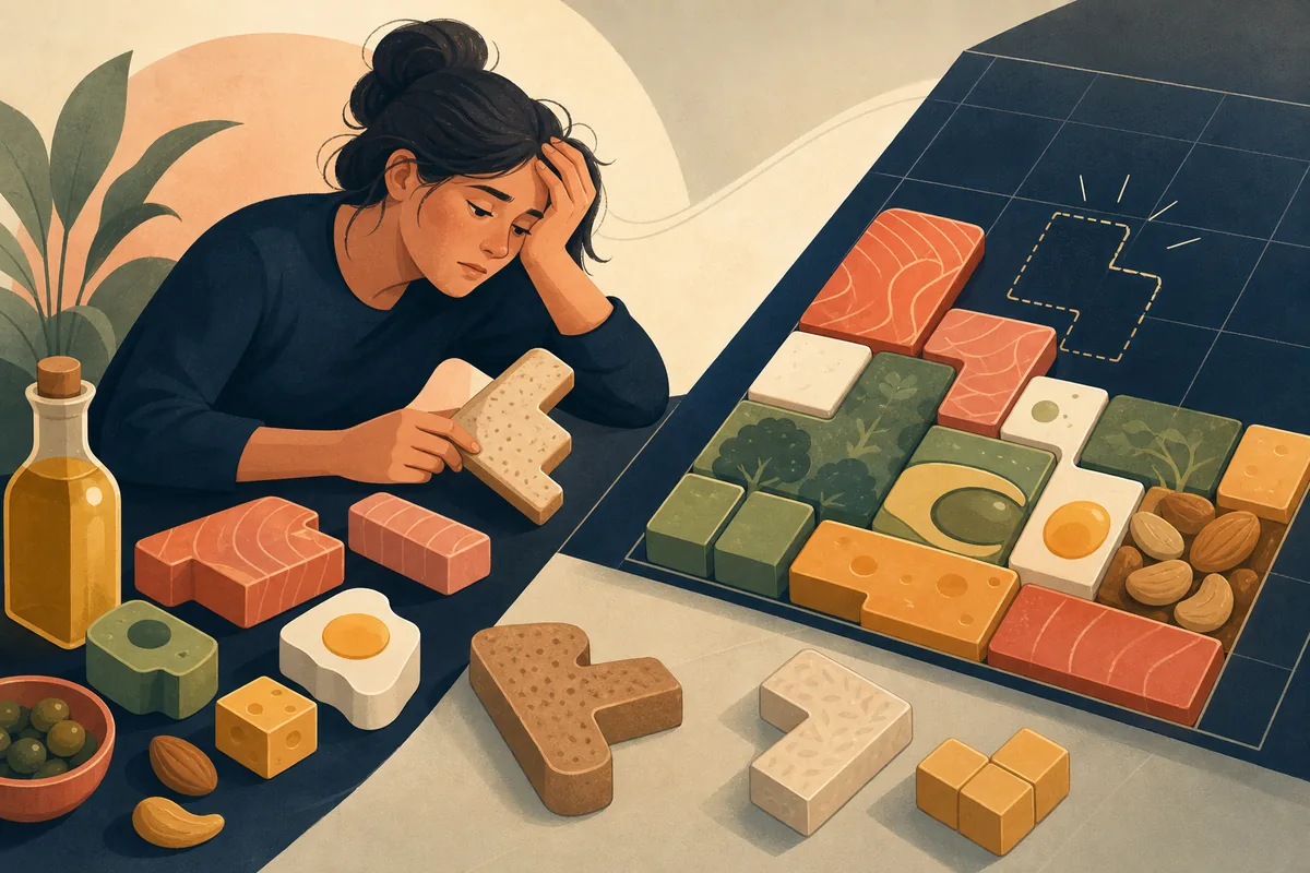 Foods drawn as puzzle blocks — salmon, avocado, egg, cheese, nuts — being fitted into a grid, with one gap left that nothing fits into.