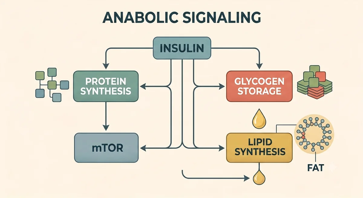 Anabolic signaling: insulin driving protein synthesis, glycogen storage, lipid synthesis and mTOR.