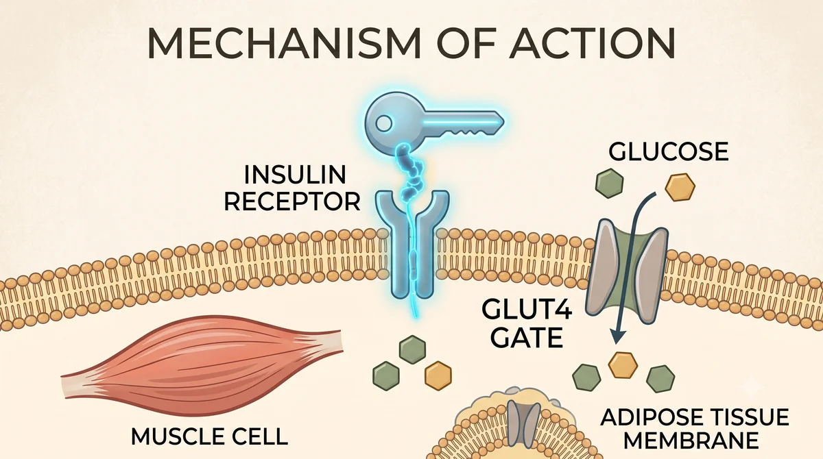 Mechanism of action: insulin as a key opening the GLUT4 gate so glucose can enter the muscle cell.