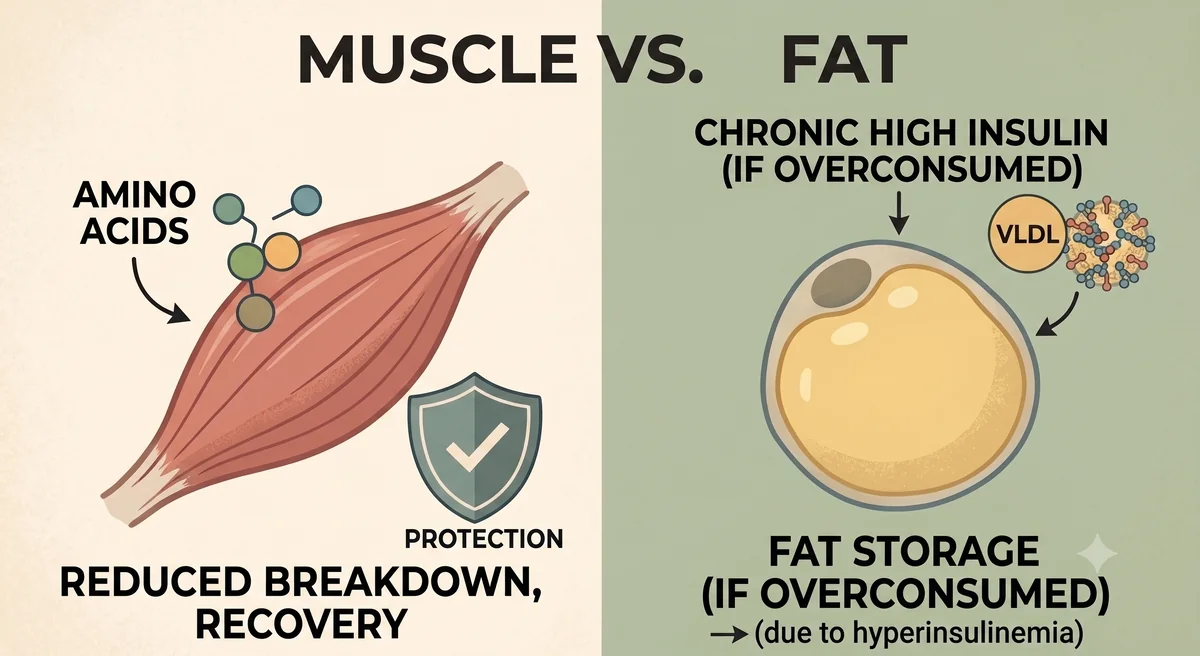 Muscle vs fat: insulin reduces muscle breakdown and aids recovery, but drives fat storage if overconsumed.