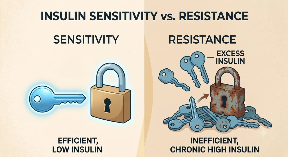 Insulin sensitivity vs resistance: an efficient single key vs many keys needed as cells desensitise.