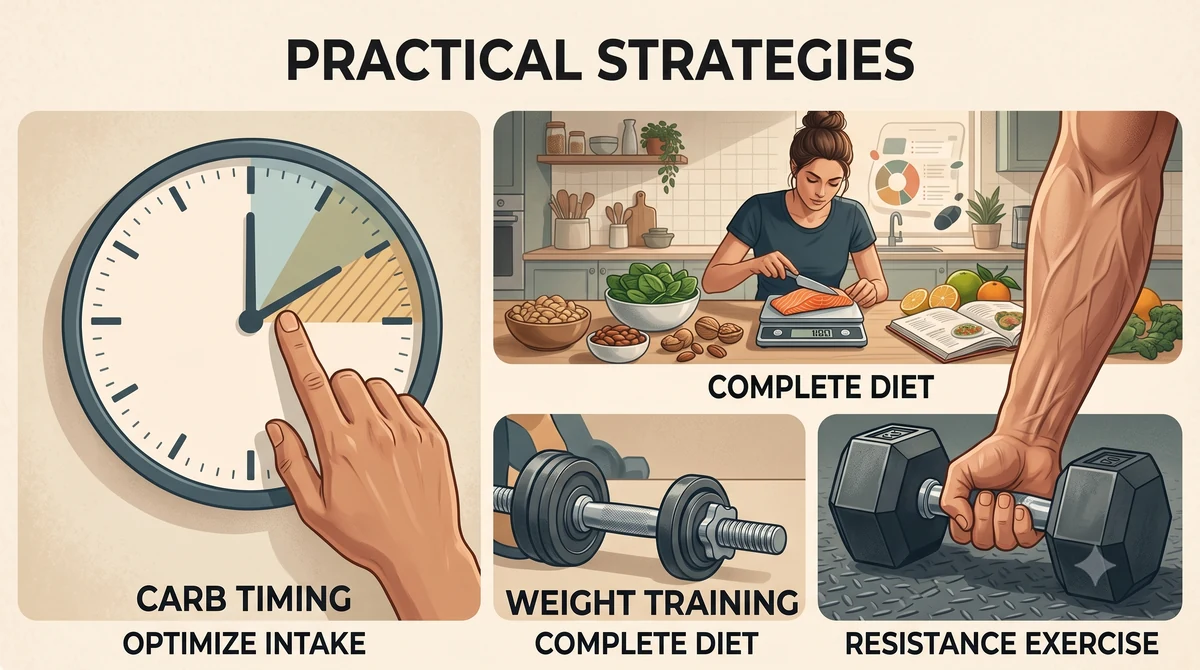 Practical strategies: carbohydrate timing around training and micronutrient support.