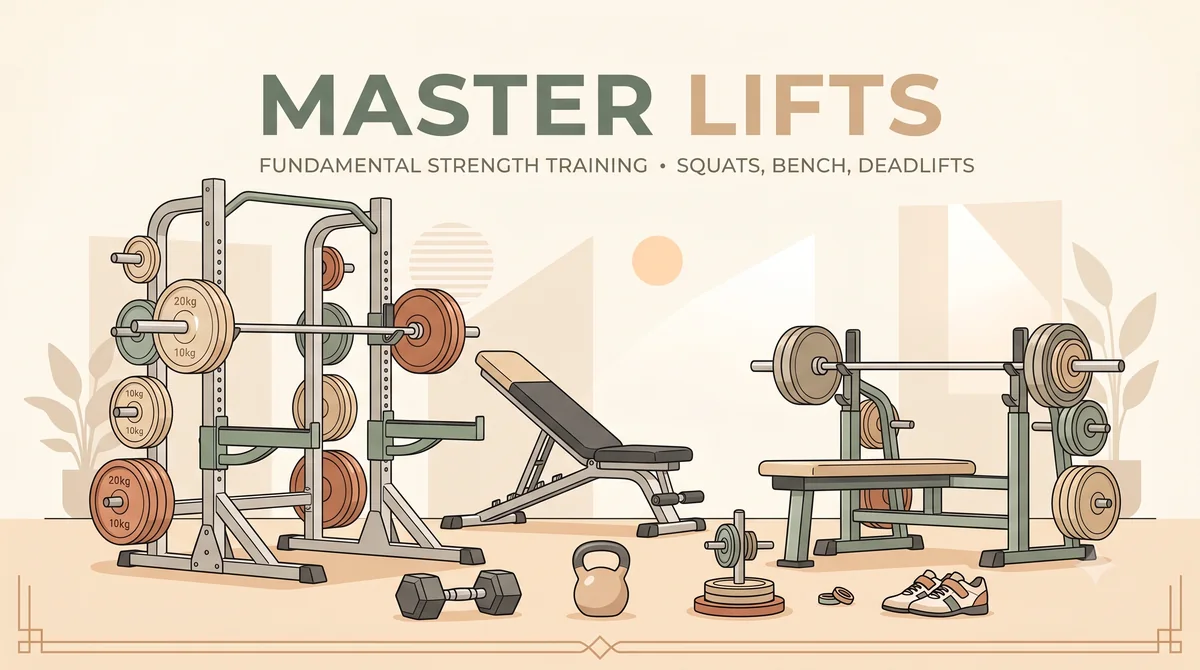 Master lifts — squat rack, bench and barbells: fundamental strength training equipment.