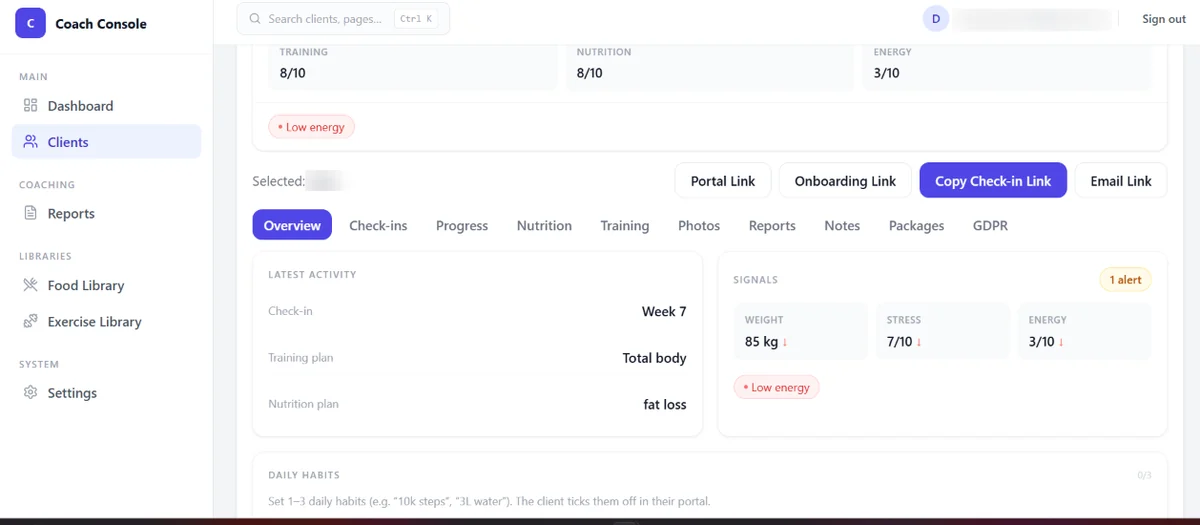 Client overview — signals, plan and weekly check-in